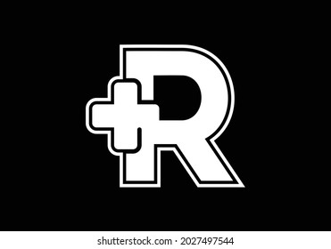 Initial R monogram alphabet with a plus logo sign white in black background. Font emblem. Modern vector logo for medical or health business, and company identity