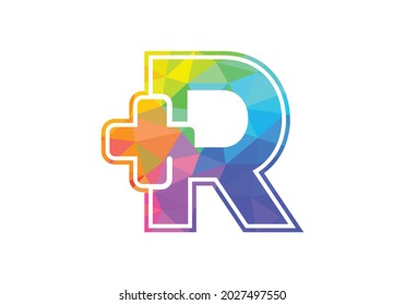 Initiales R-Monogramm-Alphabet mit einem Pluszeichen. Low-Poly-Art-Stil. Schriftemblem. Modernes Vektorlogo für das medizinische oder gesundheitliche Geschäft und Firmenidentität