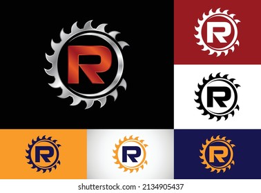 Alfabeto inicial de monograma R con la hoja de la sierra. Carpintería, diseño de logotipo de carpintería. emblema de letra. Logotipo vectorial moderno para la identidad empresarial y de empresa de aserradero
