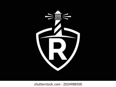 Initial R monogram alphabet in a shield with the lighthouse. Harbor logo. Font emblem. Modern vector lighthouse logo for business, organization, or website