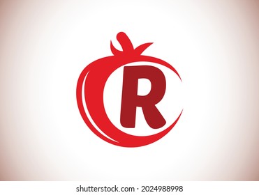 Initial R monogram alphabet with tomato. Tomato logo design template. Font emblem. Modern vector logo for organic food business, and company identity