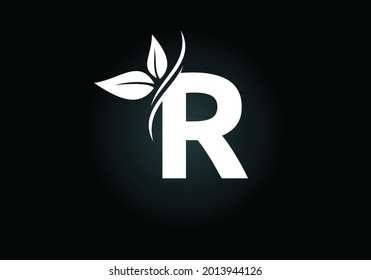 Initial R monogram alphabet with two leaves. Green, eco-friendly logo concept. Modern vector logo for ecological business and company identity