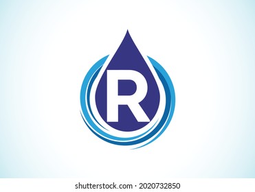 Alfabeto inicial de monograma R con gota de agua en una espiral. Plantilla vectorial de diseño de logotipo de cascada. emblema de letra. Logo vectorial moderno para identidad empresarial y de empresa