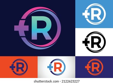 Initial R monogram in a circle with cross plus. Medical logo. Logo for pharmacy, clinic business.