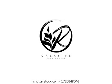 Initial R Monogram Floral Wreath Brush Stroke Distressed Rounded Circe Logo