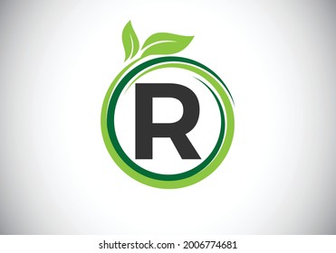 Initial R monogram letter alphabet in a spiral with green leaves. Font emblem. Nature icon sign symbol. Modern vector logo design for business healthcare, nature, farm, and company identity.