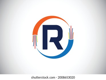 Initial R monogram letter alphabet with electric wire, optical fiber cable. Font emblem. Modern vector logo design for technology labels, electric business, and company identity