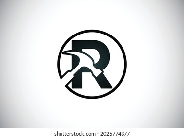 Alfabeto inicial de monograma R con martillo. Logotipo de reparación, renovación y construcción. Logo vectorial moderno para el negocio de la construcción e identidad de la empresa