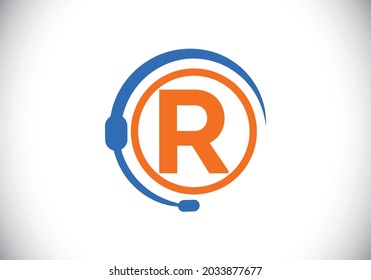 Alfabeto inicial de letra en monograma R y servicio de soporte con auriculares. Logo de auriculares. Consejos al cliente de línea directa, ayuda al centro de llamadas. Logo vectorial moderno para identidad empresarial y de empresa.