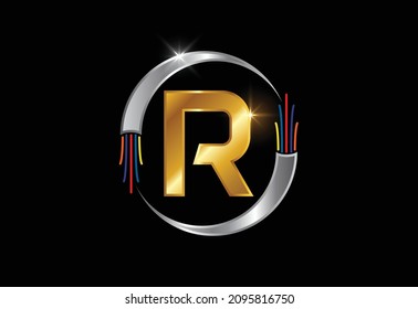 Initial R monogram letter alphabet with electric wire, optical fiber cable. Font emblem.