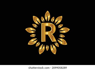 Initial R monogram letter alphabet with leaf wreath. Golden leaf, flower logo design concept. Modern vector logo design for business, and company identity.