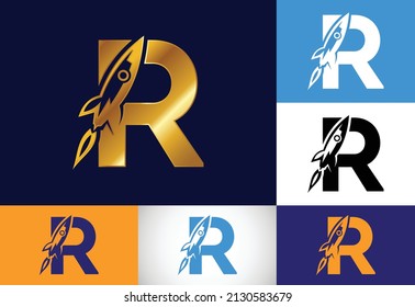 Initial R monogram letter alphabet with a Rocket logo design. Rocket icon. Font emblem. Modern vector logo for business and company identity.