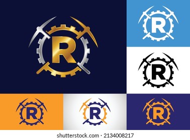 Initial R monogram letter alphabet with pickaxe and gear sign. Mining logo design concept. Modern vector logo for mining business and company identity