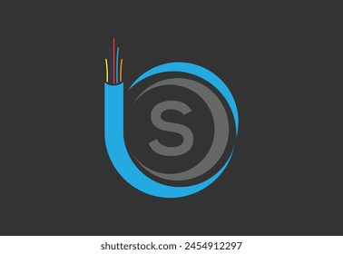 Initial R monogram letter alphabet with electric wire, optical fiber cable.