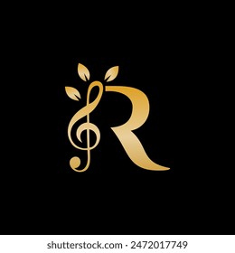 Initial R music icon logo. creative artist musical group band vector with leaf grow success idea