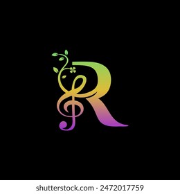 Initial R music icon logo. creative artist musical group band vector with leaf grow success idea