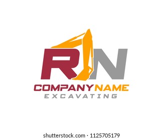 Initial R N excavator logo concept vector with arm excavator template vector.