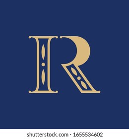 Initial R with pillar for Logo design template. Gold Color isolated in navy blue color