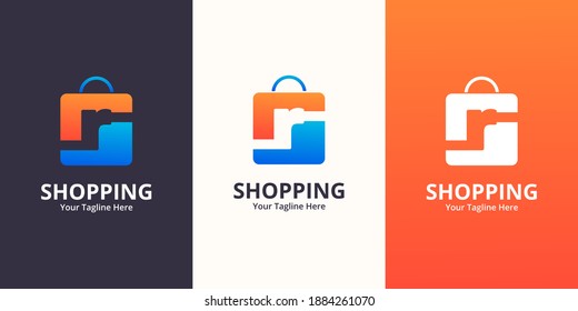 Plantilla de diseños de logotipo inicial o de tienda. Ilustración vectorial gráfico del concepto de diseño del logotipo combinado de letras y bolsas de compra. Perfecto para Ecommerce, venta, descuento o elemento web de tienda. Emblema de la empresa
