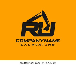 Initial R U excavator logo concept vector with arm excavator template vector.