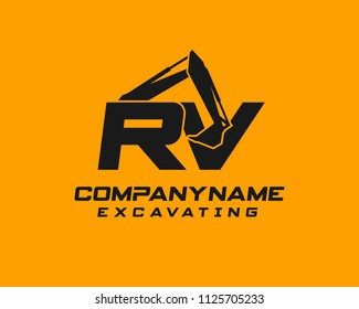 Initial R V excavator logo concept vector with arm excavator template vector.