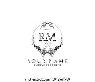 Initial RM beauty monogram and elegant logo design, handwriting logo of initial signature, wedding, fashion, floral and botanical with creative template.