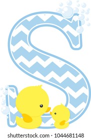 initial s with bubbles and little baby rubber duck isolated on white background. can be used for baby boy birth announcements, nursery decoration, party theme or birthday invitation