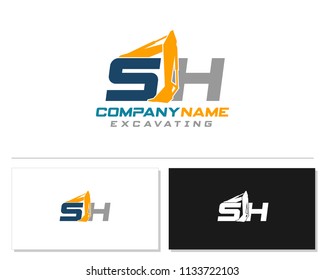 Initial S H excavator logo concept vector with arm excavator template vector.