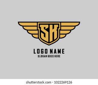 Initial S and K wing shield logo template vector