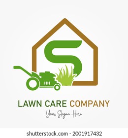 Initial S Latter with Mower Machine for Lawn Care Service Company Logo. Landscaping Lawnmower Home Maintenance Business Branding