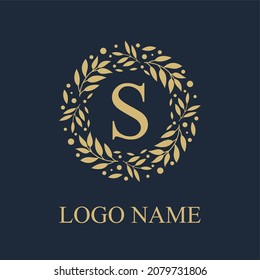Initial S Letter in Circle Leaves Wreath Frame for Cosmetic, Make up, Fashion, Hotel, Resto, Resort, Real Estate, Apartment Business Logo Vector Template