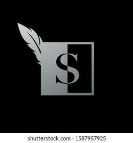 Initial  S Letter Logo icon Square  Feather. Vintage design concept  geometric square  feather element and outline letter logo icon for corporate, lawyer, notary, firm and more brand identity.