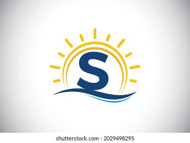 Initial S monogram alphabet with abstract sun and wave. Ocean sun logo design. Font emblem. Modern vector logo for a business, and company identity