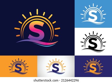 Initial S monogram alphabet with abstract sun and wave. Ocean sun logo design. Font emblem