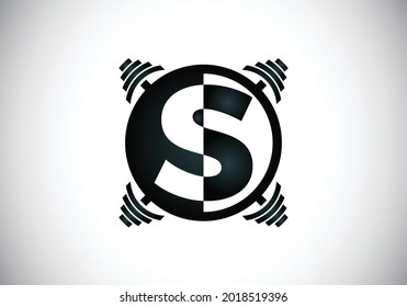 Alfabeto monograma S inicial con una barbacoa. Diseño del logotipo del vector de elevación. Logo vectorial moderno para la construcción de cuerpos, gimnasia, gimnasio, club de fitness, negocios e identidad de empresa