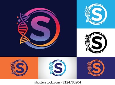 Alfabeto monograma S inicial en un círculo con ADN. Concepto de diseño del logo genético. Logo para medicina, ciencia, laboratorio, negocios e identidad de la empresa