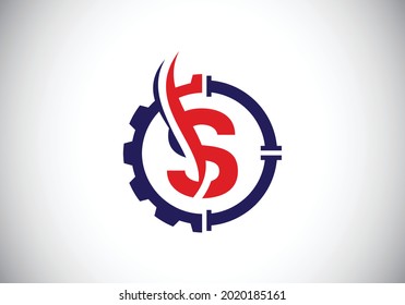 Initial S monogram alphabet with gear pipe and flame. Oil and gas logo concept. Font emblem. Modern vector logo for petroleum business and company identity