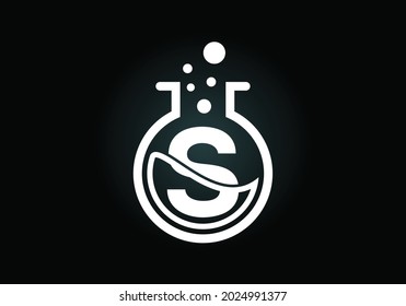 Initial S monogram alphabet with lab glass, chemical liquid, and bubbles. Lab logo design. Logo for science, and technology business and company identity