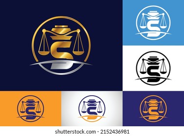 Initial S monogram alphabet with law scale sign symbol. Law office vector logo design template