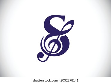 Initial S monogram alphabet with a musical note. Symphony or melody signs. Musical sign symbol. Font emblem. Modern vector logo design template.