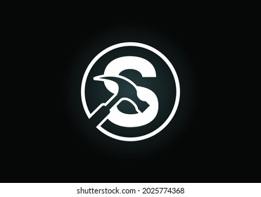 Initial S monogram letter alphabet with a Hammer. Repair, renovation, and construction logo. Modern vector logo for construction business, and company identity