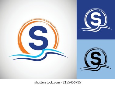 Initial S monogram letter with water ocean waves and the sun. Beach logo design concept