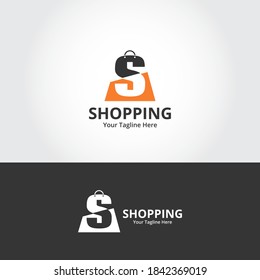 Plantilla de diseños iniciales del logotipo de S Shop. Ilustración vectorial gráfico del concepto de diseño del logotipo combinado de letras y bolsas de compra. Perfecto para Ecommerce, venta, descuento o elemento web de tienda. Emblema de la empresa