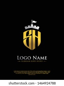 initial SH letter with shield style logo template vector