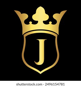 Initial shield crown Logo combine with letter J vector template