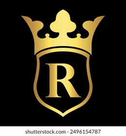Initial shield crown Logo combine with letter R vector template