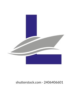 Initial Ship Logo On Letter L, Navy Sign With Boat Symbol Vector Template