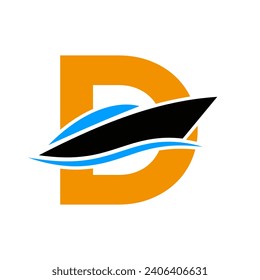 Initial Ship Logo On Letter D, Navy Sign With Boat Symbol Vector Template
