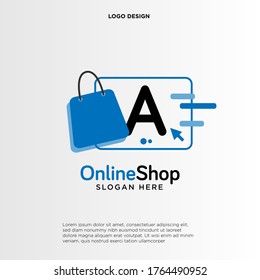 Plantilla inicial de diseños de logotipo de A Shop. Ilustración vectorial gráfico de la letra A y diseño del logotipo de la combinación de bolsas de compra. Perfecto para Ecommerce, venta, descuento o elemento web de tienda. Emblema de la empresa