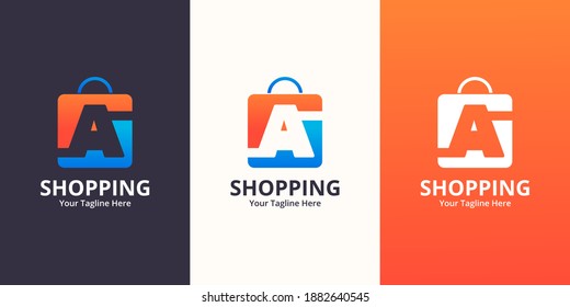 Plantilla inicial de diseños de logotipo de A Shop. Ilustración vectorial gráfico del concepto de diseño del logotipo combinado de letras y bolsas de compra. Perfecto para Ecommerce, venta, descuento o elemento web de tienda. Emblema de la empresa